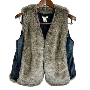 DKNY Jeans Women's Vest Black PU Leather Faux Fur Preppy Size M‎